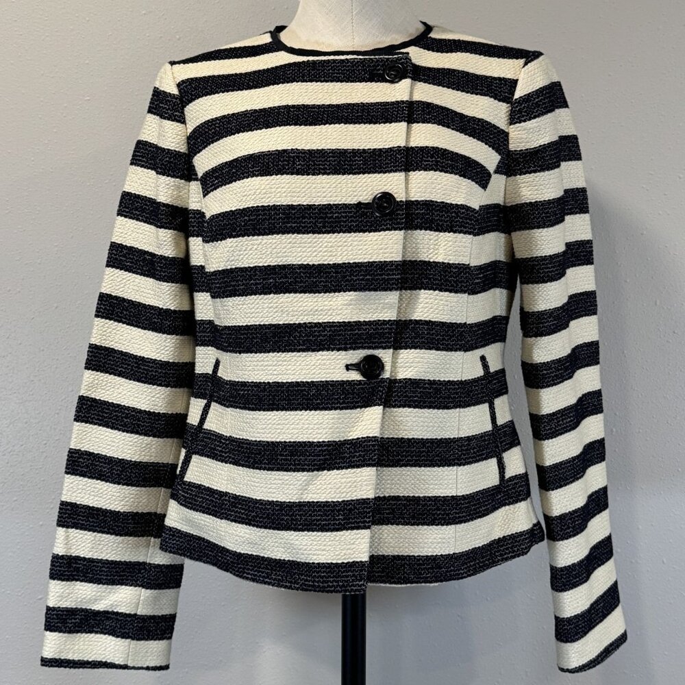 The Limited Womens Size Medium Striped Peplum Blazer Fully Lined Cream Navy Blue